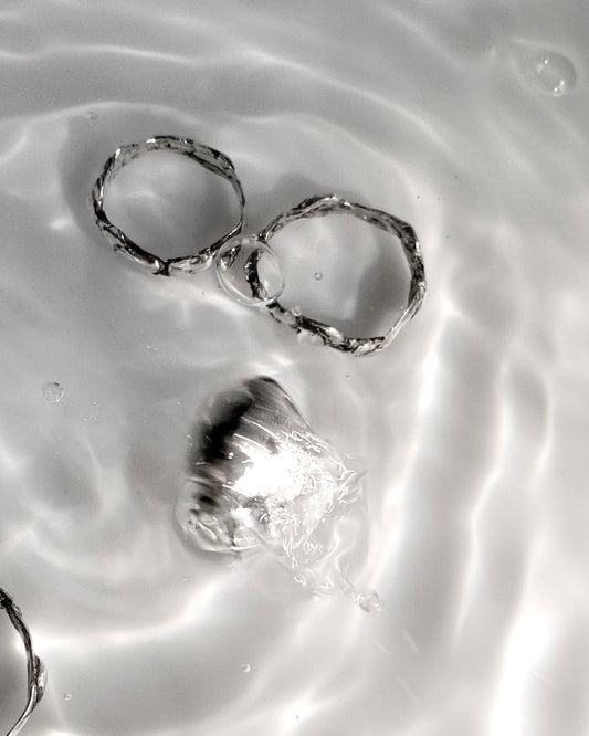 Silver molten rings dropped in water