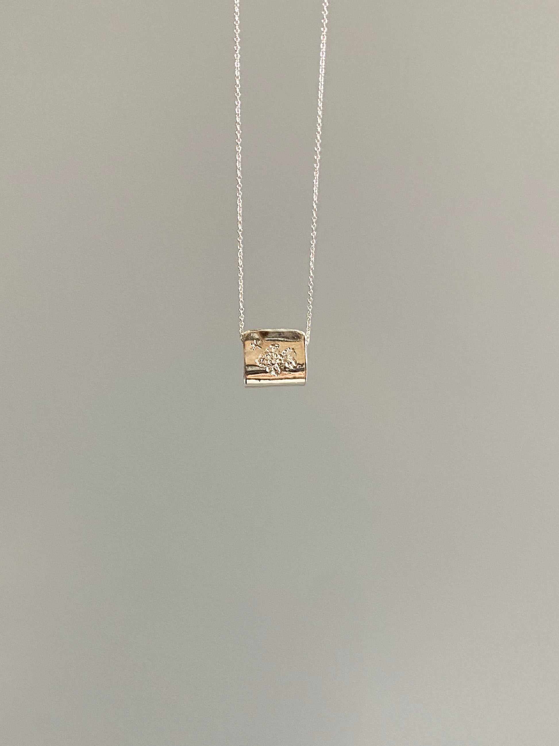 Silver hanging fish necklace on grey background