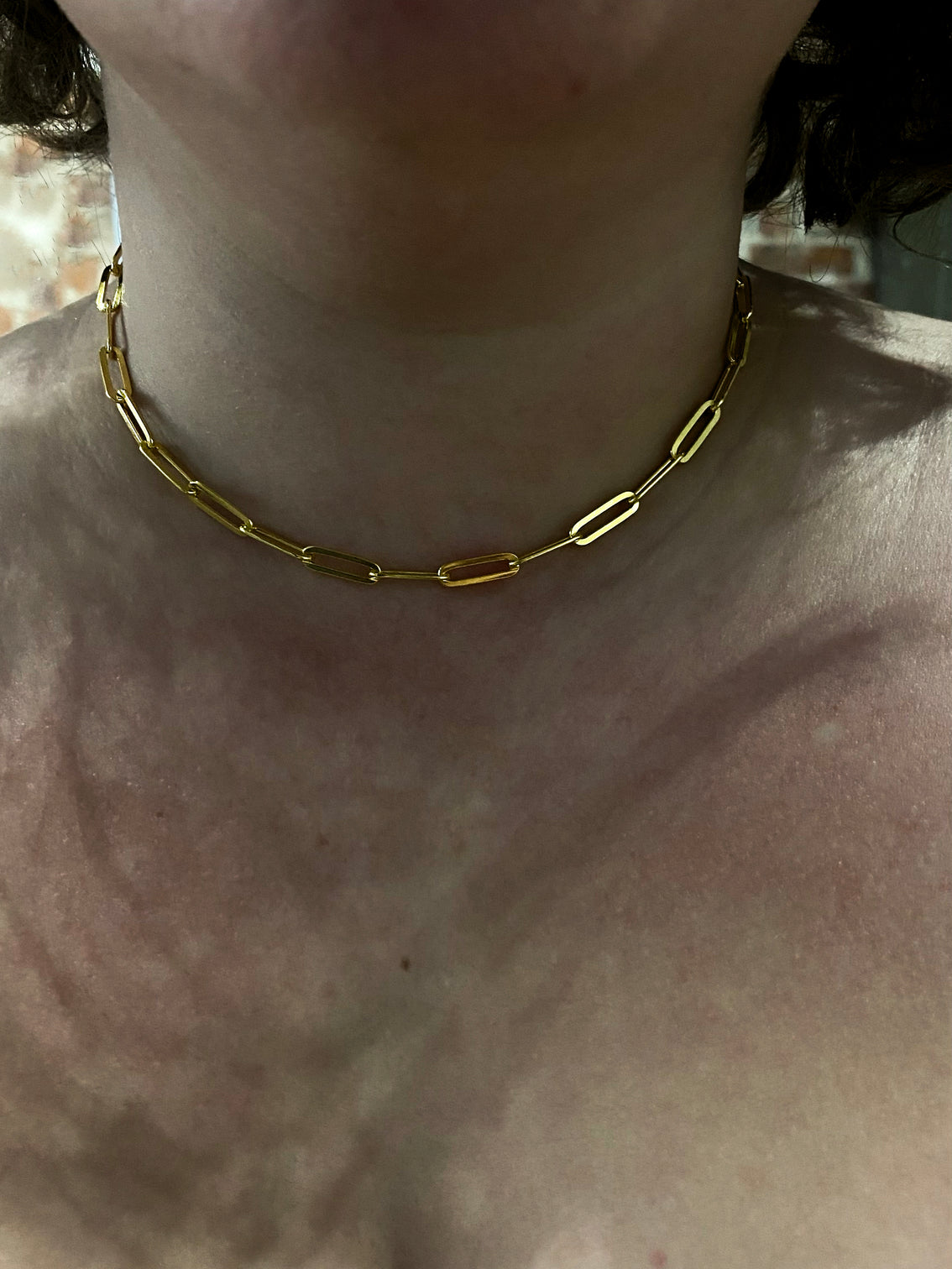Gold oval link chain on model