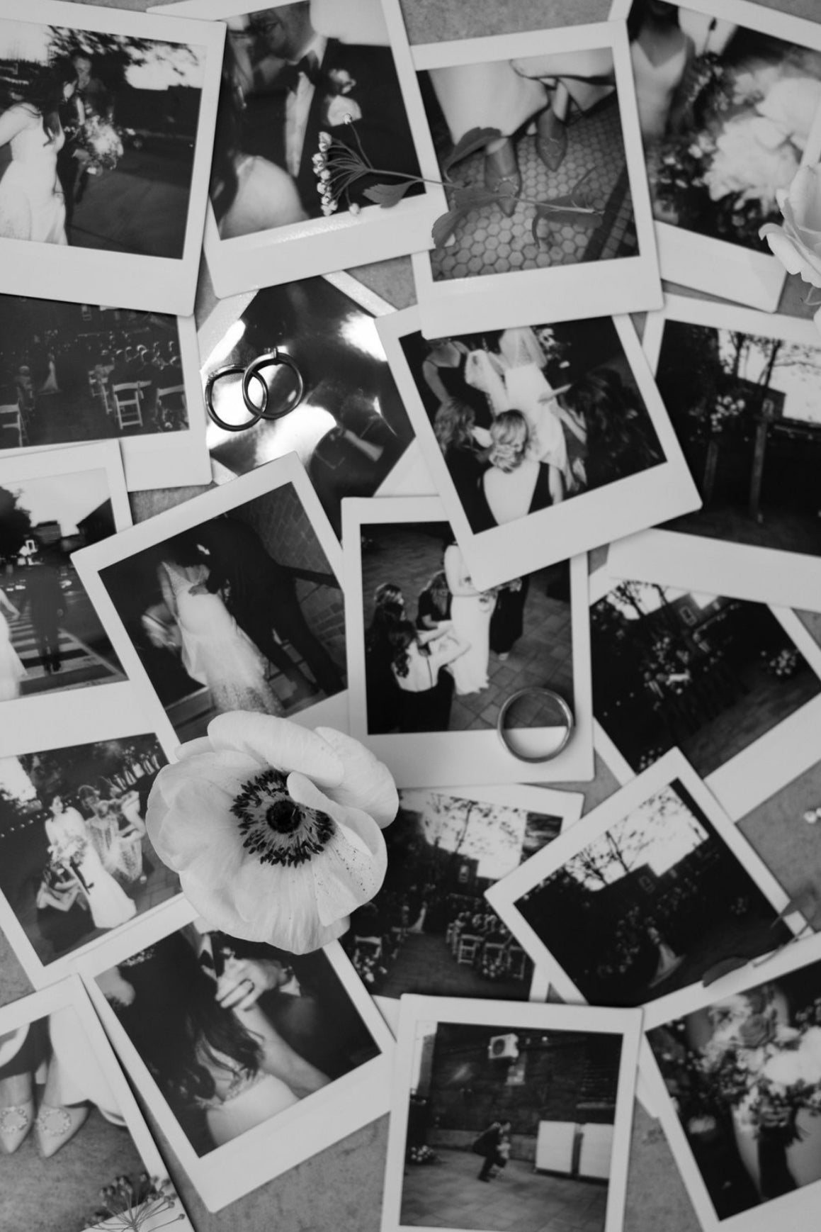 Compilation of Polaroid photos from wedding with rings on top and flower